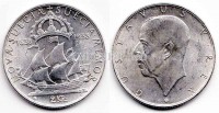 монета Швеция 2 кроны 1938 год 300-летие основания в Новом Свете колонии Новая Швеция