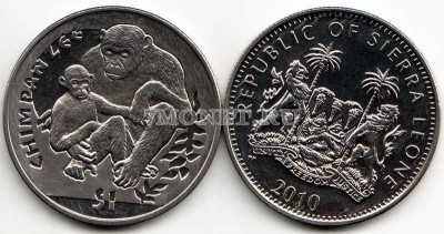монета Сьерра-Леоне 1 доллар 2010 год шимпанзе