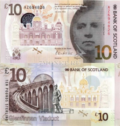 бона Шотландия 10 фунтов 2016 (2017) год Вальтер Скотт, пластик