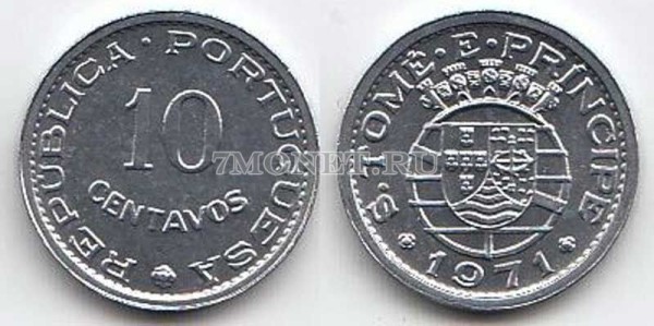 монета Сан-Томе и Принсипе 10 центаво 1971 год
