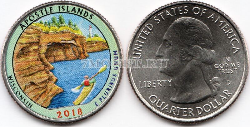 США 25 центов 2018 год штат Висконсин, Национальные озёрные побережья островов Апостол, 42-й, эмаль