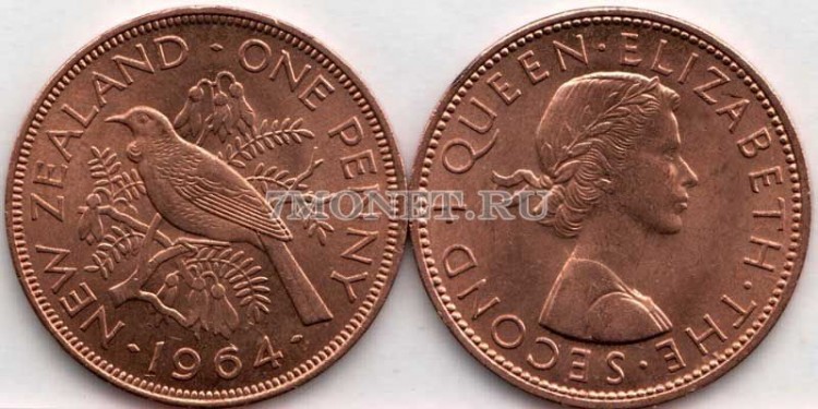 монета Новая Зеландия 1 пенни 1964 год Птица Новозеландский туи