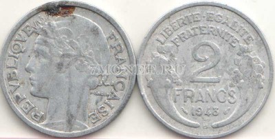 монета Франция 2 франка 1948 год