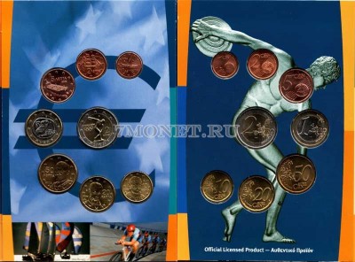 ЕВРО набор из 8-ми монет 2004 год Греция олимпийские игры буклет