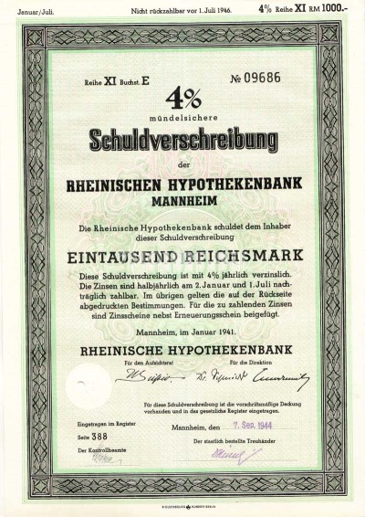 Германия Облигация Ипотека 4 % 1000 Gm 1944