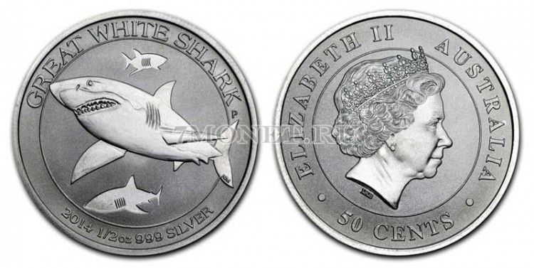 монета Австралия 50 центов 2014 год Белая акула