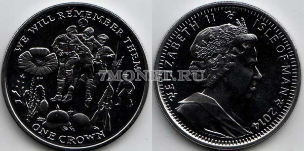 монета Остров Мэн 1 крона 2014 год «100-летие Первой Мировой войны» Солдаты, играющие в футбол