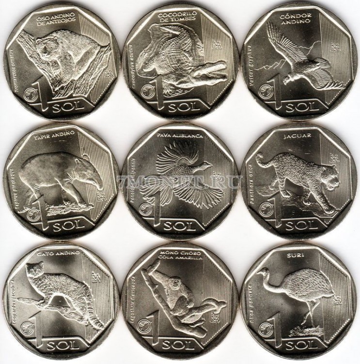 Перу набор из 10-ти монет 1 новый соль 2017 - 2019 год серия Фауна Перу