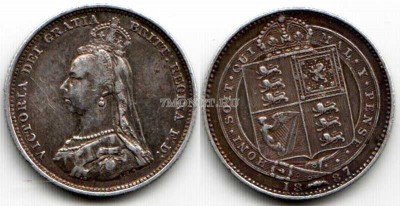 монета Великобритания 1 юбилейный шиллинг 1887 год королева Виктория 50 лет ц...