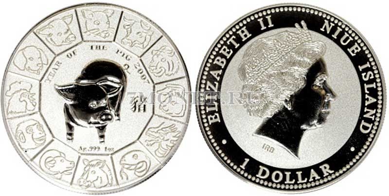 монета Ниуэ 1 доллар 2007 Год Свиньи