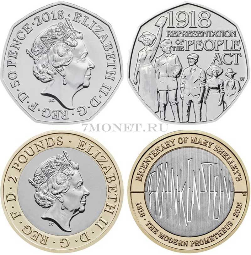 Великобритания набор из 2-х монет 50 пенсов 100 лет акту о народном представительстве и 2 фунта 200 лет с момента опубликования Франкенштейна Мэри Шелли 2018 год, в буклете