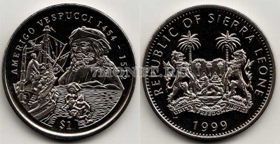 монета Cьерра-Леоне 1 доллар 1999 год Америго Веспуччи