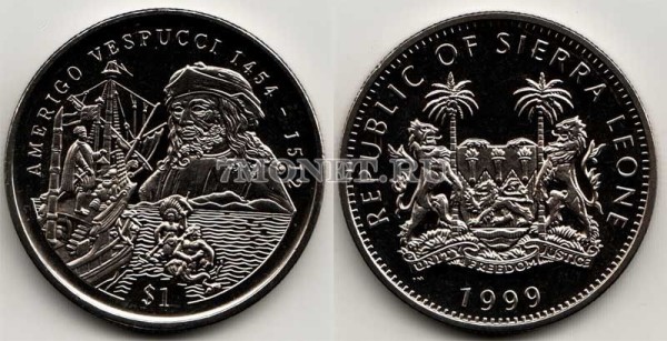 монета Cьерра-Леоне 1 доллар 1999 год Америго Веспуччи