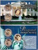 США набор из 3-х монет 1 доллар 2008 год трех монетных дворов Джон Куинси Адамс — 6-й президент США