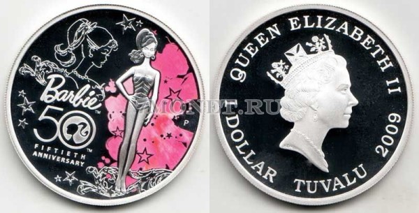монета Тувалу 1 доллар 2009 год 50-летие создания куклы Барби, PROOF, эмаль