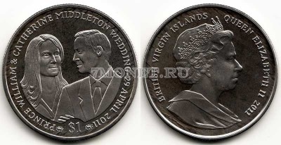 монета Виргинские острова 1 доллар 2011 год свадьба принца Уильяма и Кейт Мид...