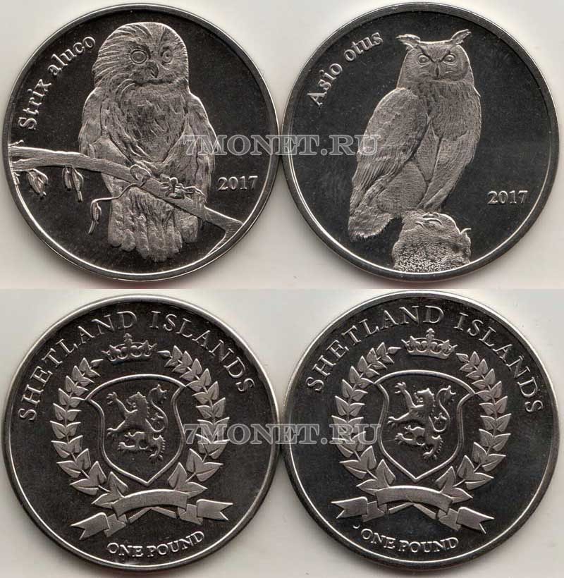 Шетландские острова (Шотландия) набор из 2-х монет 1 фунт 2017 год птицы Ушастая сова и Неясыть