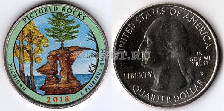 США 25 центов 2018 штат Мичиган Национальные озёрные побережья живописных камней, 41-й, эмаль 