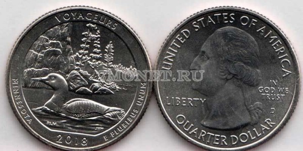 США 25 центов 2018D штат Миннесота Национальный парк Вояджерс, 43-й