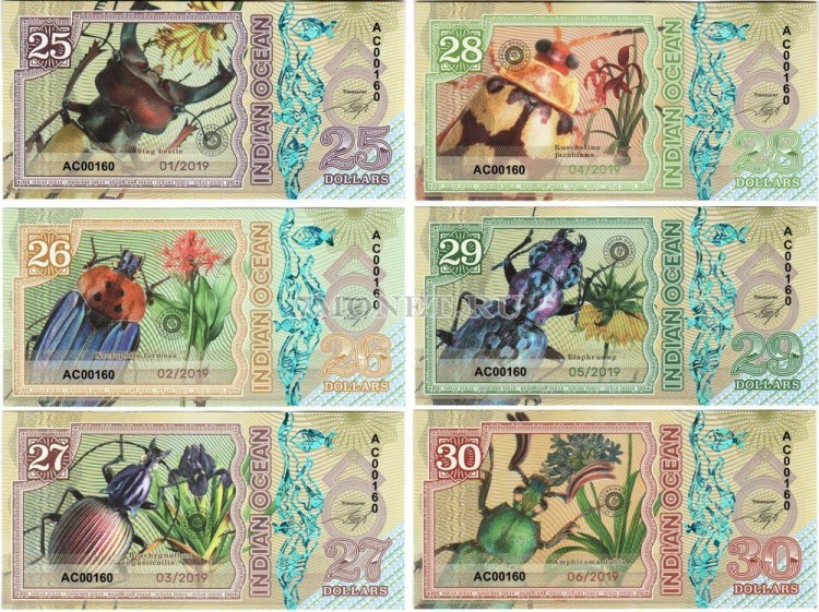 Индийский океан набор из 6-ти банкнот 25 - 30 долларов 2019 год Насекомые