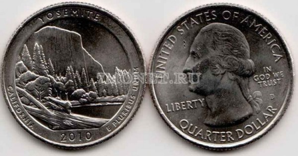 США 25 центов 2010 год Калифорния национальный парк Йосемити, 3-й