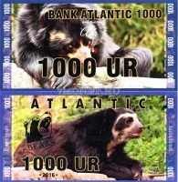 сувенирная банкнота Атлантика 1000 ур 2016 год серия МЕДВЕДИ "Андский (южноамериканский) медведь"