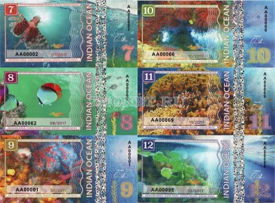 Индийский океан набор из 6-ти банкнот 7-12 долларов 2017 год Морские жители