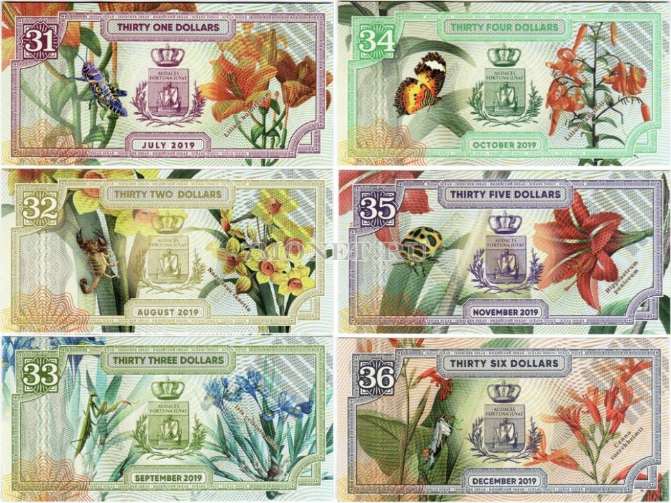 Индийский океан набор из 6-ти банкнот 31 - 36 долларов 2019 год Насекомые