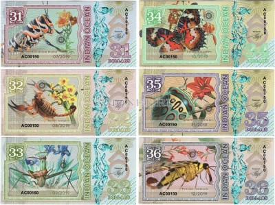 Индийский океан набор из 6-ти банкнот 31 - 36 долларов 2019 год Насекомые