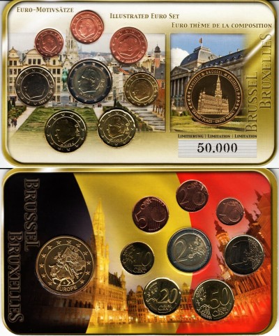 ЕВРО набор из 8-ми монет и жетона Бельгия в пластиковой упаковке 