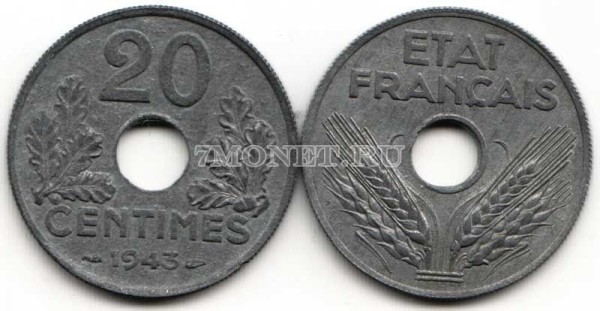 монета Франция 20 сантимов 1943 год для правительства Виши