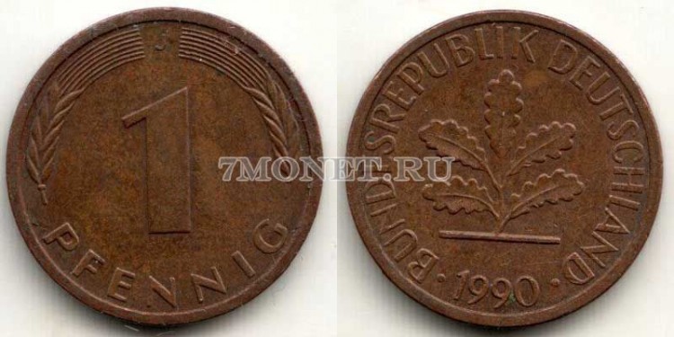 монета Германия 1 пфенниг 1990J год