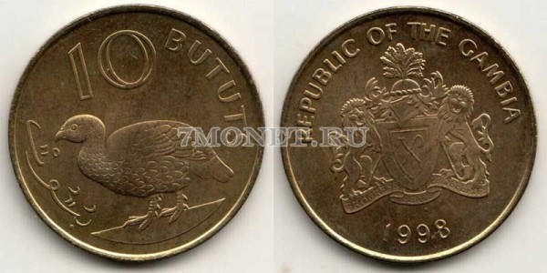 монета Гамбия 10 бутут 1998 год Двушпоровый турач