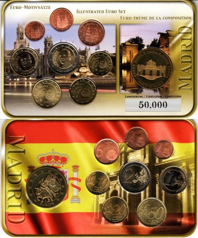 ЕВРО набор из 8-ми монет и жетона Испания в пластиковой упаковке