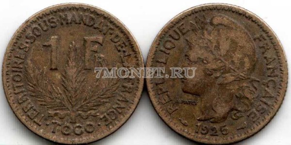 монета Того 1 франк 1925 год