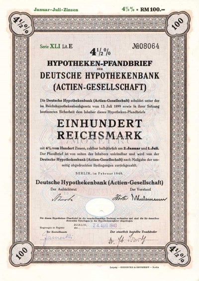 Германия Облигация Ипотека 4,5 % 100 Gm 1940
