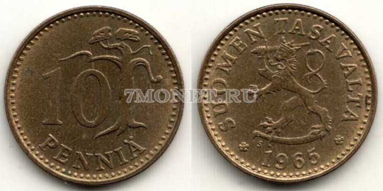 монета Финляндия 10 пенни 1965 год