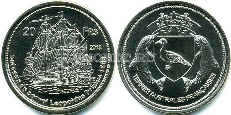 монета Остров Тромлен 20 франков 2013 год Корабль