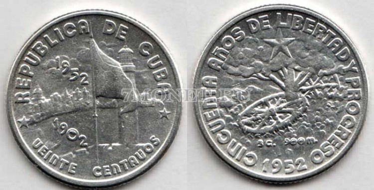 монета Куба 20 сентаво 1952 год 50 лет Республике Куба