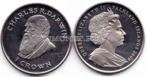 монета Фолклендские острова 1 крона 2009 год Чарлз Дарвин