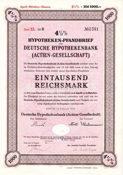 Германия Облигация Ипотека 4,5 % 1000 Gm 1939