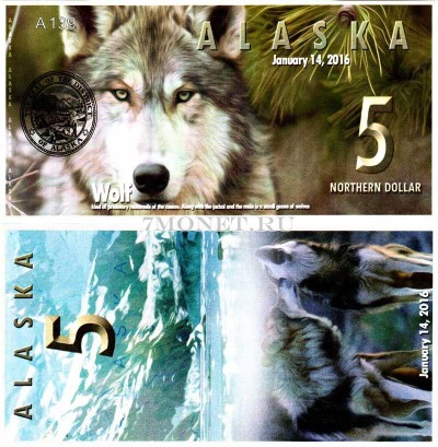 сувенирная банкнота Аляска 5 северных долларов 2016 год