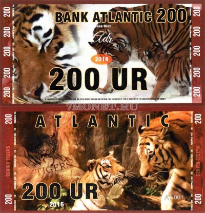 сувенирная банкнота Атлантика 200 ур 2016 год серия ТИГРЫ "Индонезийский...