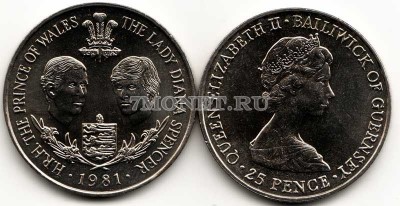 монета Гернси 25 пенсов 1981 год свадьба принца Чарльза и леди Дианы