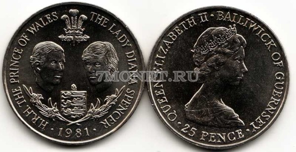 монета Гернси 25 пенсов 1981 год свадьба принца Чарльза и леди Дианы