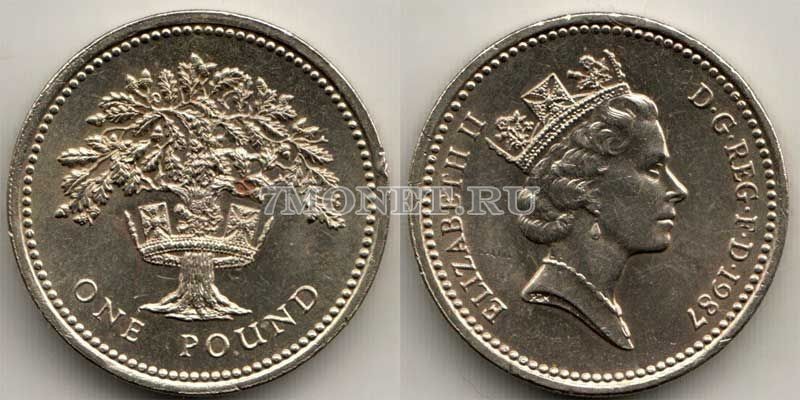 монета Великобритания 1 фунт 1987 год Дуб
