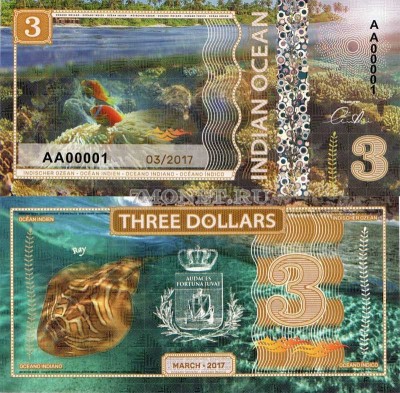 бона Индийский океан 3 доллара 2017 год Ракушка-жемчужница