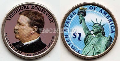 США 1 доллар 2013 год Теодор Рузвельт 26-й президент США  эмаль