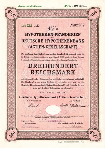 Германия Облигация Ипотека 4,5 % 300 Gm 1940