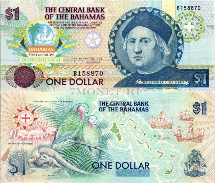 бона Багамы 1 доллар 1992 год Колумб